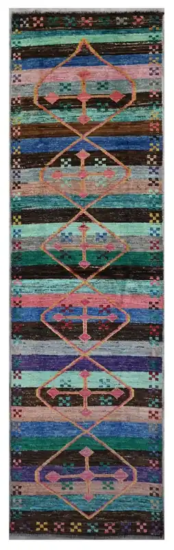 Taimany - Tappeto Passatoia Tribale in Lana Multicolore - Fatto a Mano 297x76cm