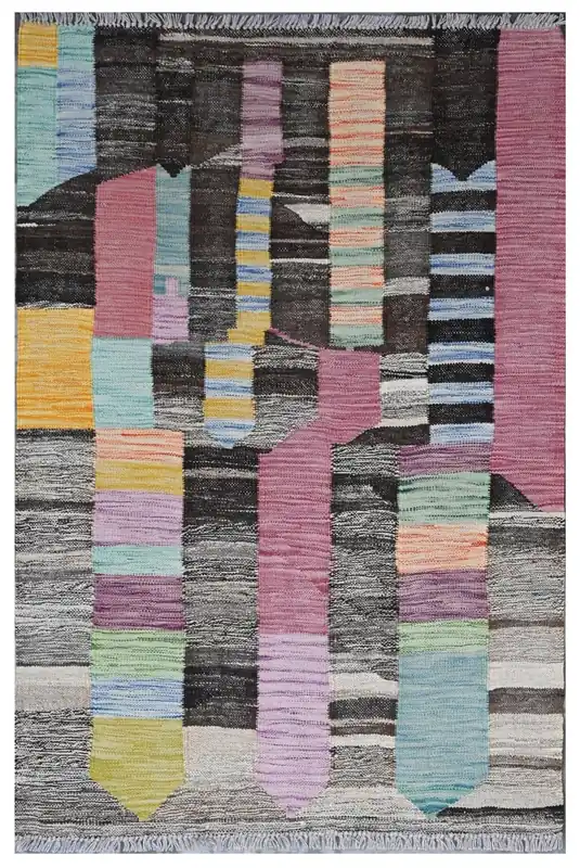 Taimany - Kilim Tribale in Lana Multicolore - Tappeto Fatto a Mano 124x83cm