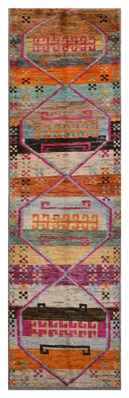 Taimany - Tappeto Passatoia Tribale in Lana Multicolore - Fatto a Mano 303x87cm