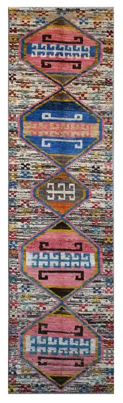 Taimany - Tappeto Passatoia Tribale in Lana Multicolore - Fatto a Mano 303x73cm