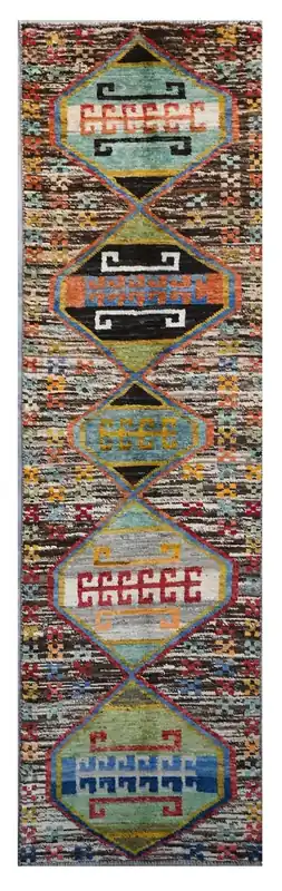 Taimany - Tappeto Passatoia Tribale in Lana Multicolore - Fatto a Mano 303x74cm