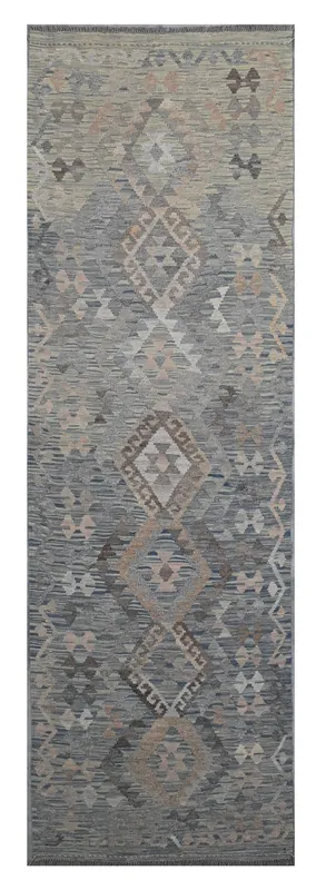 Tappeto Passatoia Kilim Grigio Naturale, Fatto a mano, 298x86cm