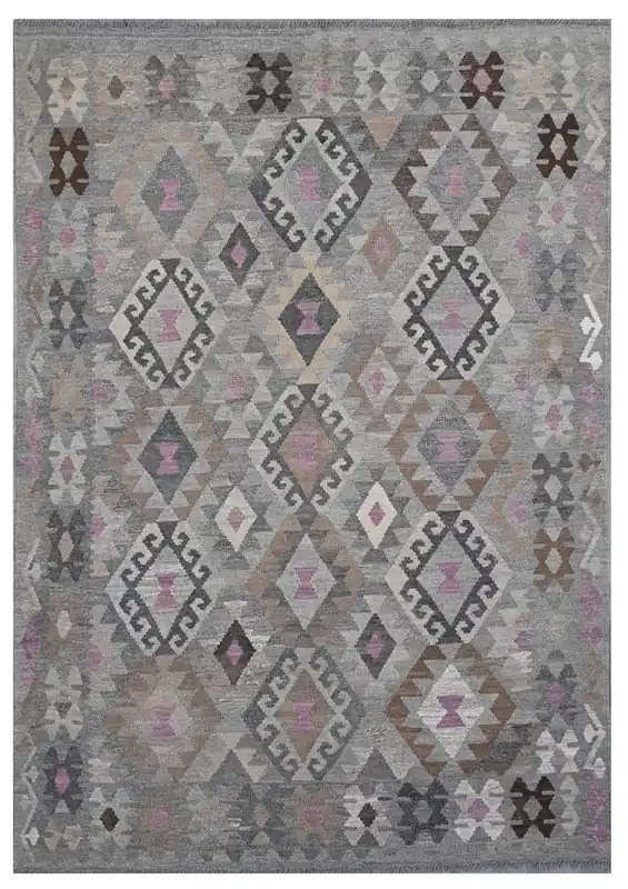 Tappeto Kilim Afghan Grigio Naturale, Fatto a mano, 240x168cm