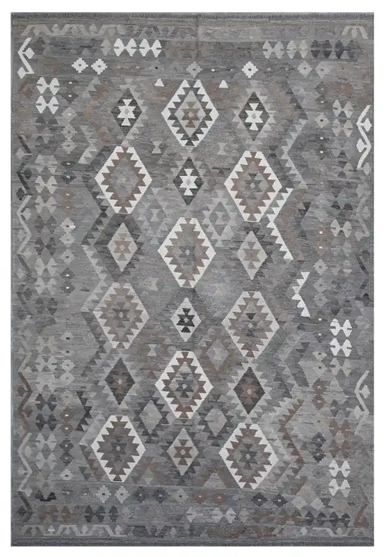Tappeto Kilim Afghan Grigio Naturale, Fatto a mano, 302x203cm