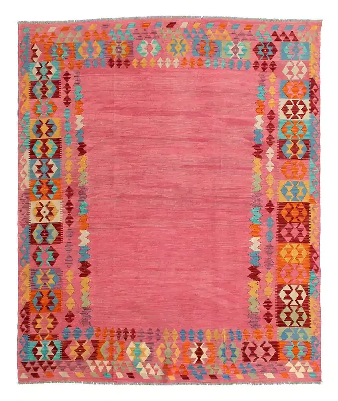 Tappeto Kilim Artigianale in pura Lana Rosa - Fatto a mano 291x239 cm