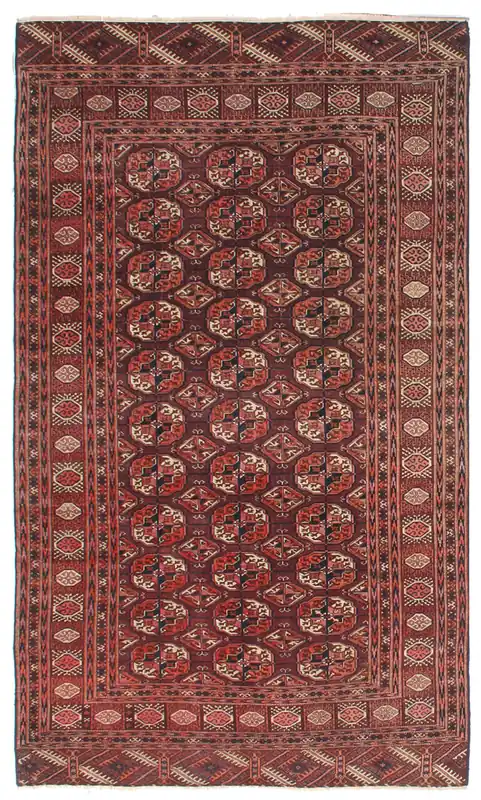 Antique Bouchara Oriental Rug: Authentic Turkmen Rug 241x143cm