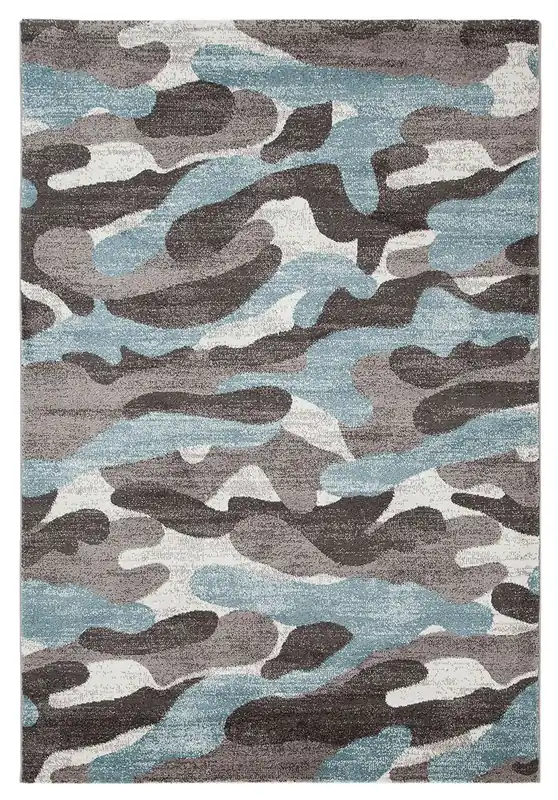Tappeto Moderno Stile Camouflage - Grigio/Blu - Antiscivolo | Ideale per Camera da Letto e Cameretta