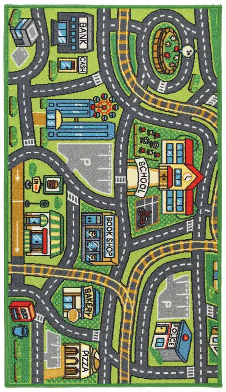 Tappeto da Gioco per Bambini - Multicolore - Disegno Strade, Casette, Automobili - Tappeto Sicuro e Certificato