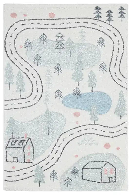 Tappeto Bianco per Bambini Disegno Stradine Case - Premium Nordic - Ideale per Cameretta - tappeto sicuro e certificato