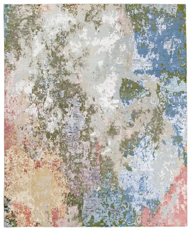 Tappeto Artistico Astratto di Lusso Multicolore - Seta di Bamboo e Lana - Fatto a mano