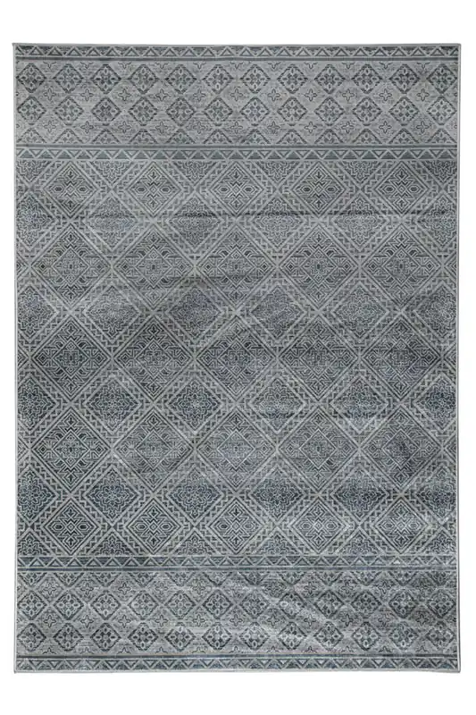 Tappeto Stile Vintage Etnico Celestine Blu, Grigio in Viscosa - Disegno Classico Orientale | Ideale per Soggiorno, Camera da Letto