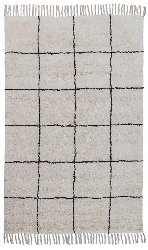 Tappeto Bianco Geometrico in Cotone Naturale Fatto a Mano in India, Lavabile in Lavatrice, Stile Berbero per Salotto e Camera da Letto