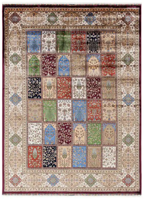 Tappeto Stile Orientale Qoum Shah - Effetto Seta - Disegno Classico - Multicolore
