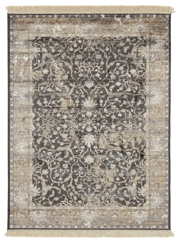 Tappeto Vintage D – Classico con Frange – Nero Beige