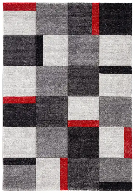 Tappeto Moderno Ray Geometrico a Blocchi - Grigio Rosso - Antiscivolo | Ideale per Soggiorno, Camera da Letto, Sala da Pranzo