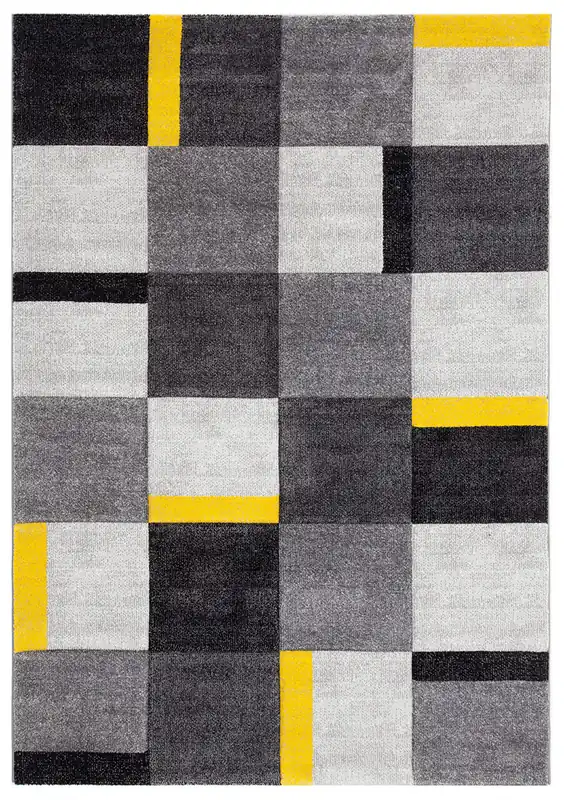 Tappeto Moderno Ray Geometrico a Blocchi - Grigio Giallo - Antiscivolo | Ideale per Soggiorno, Camera da Letto, Sala da Pranzo
