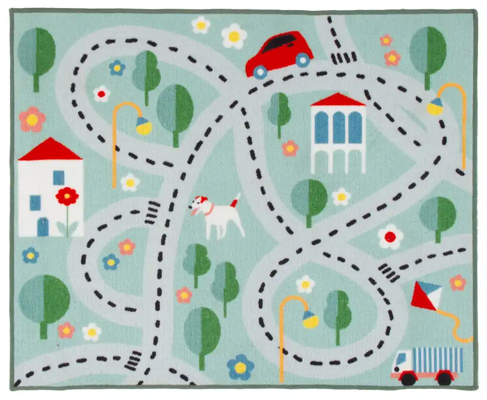 Tappeto da Gioco per Bambini - Multicolore - Disegno Strade, Casette, Automobili - Tappeto Sicuro e Certificato