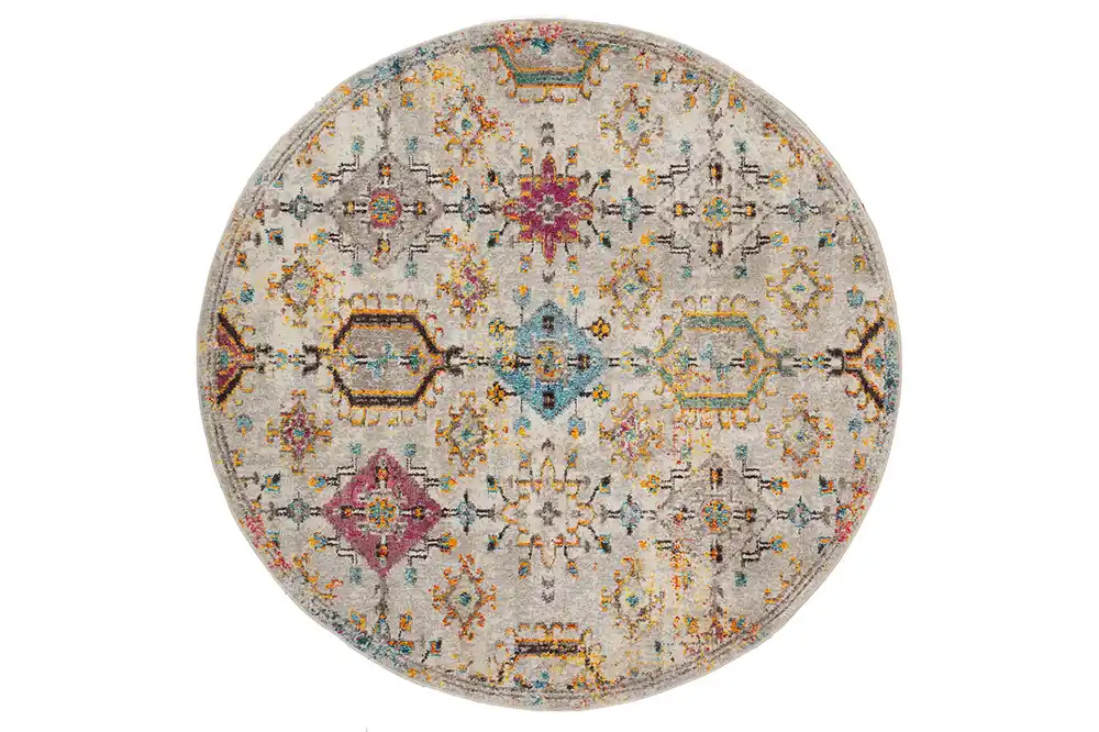 Tappeto Rotondo 200cm Ø Stile Orientale Multicolore Mamoo D - Antiscivolo - Ideale per Soggiorno e Camera da Letto