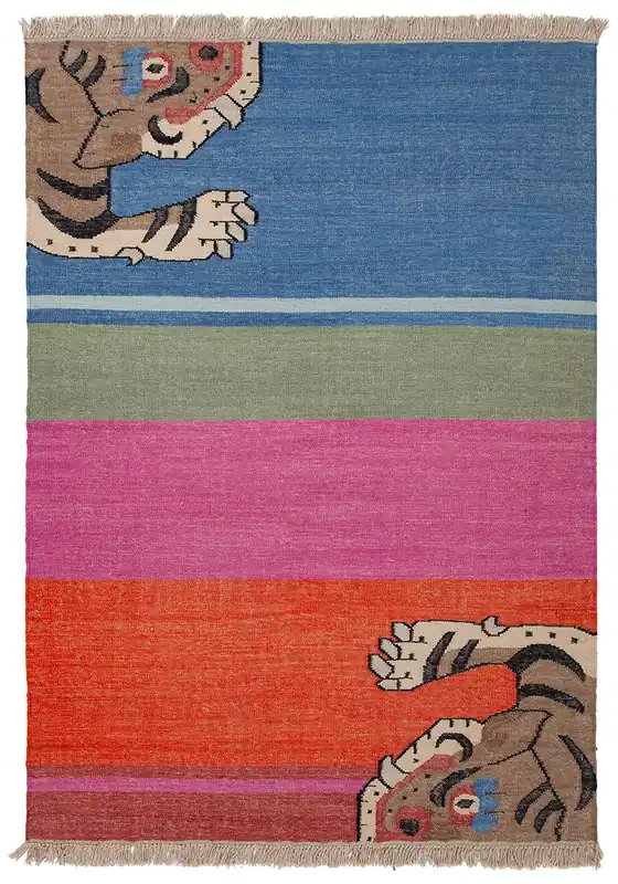 Tappeto Kilim Moderno Hippie in Lana Multicolore - Realizzato a Mano - Disegno Tigre