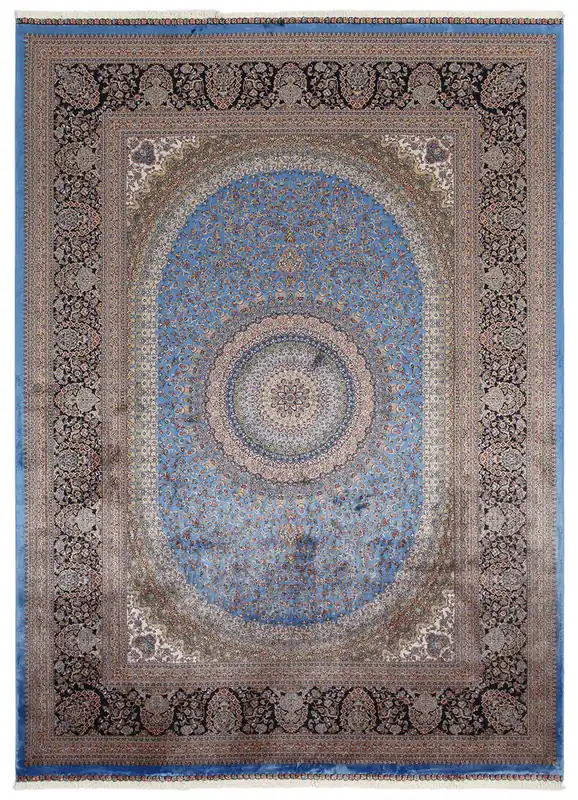 Tappeto Stile Orientale Qoum Shah - Effetto Seta - Disegno Classico - Blu