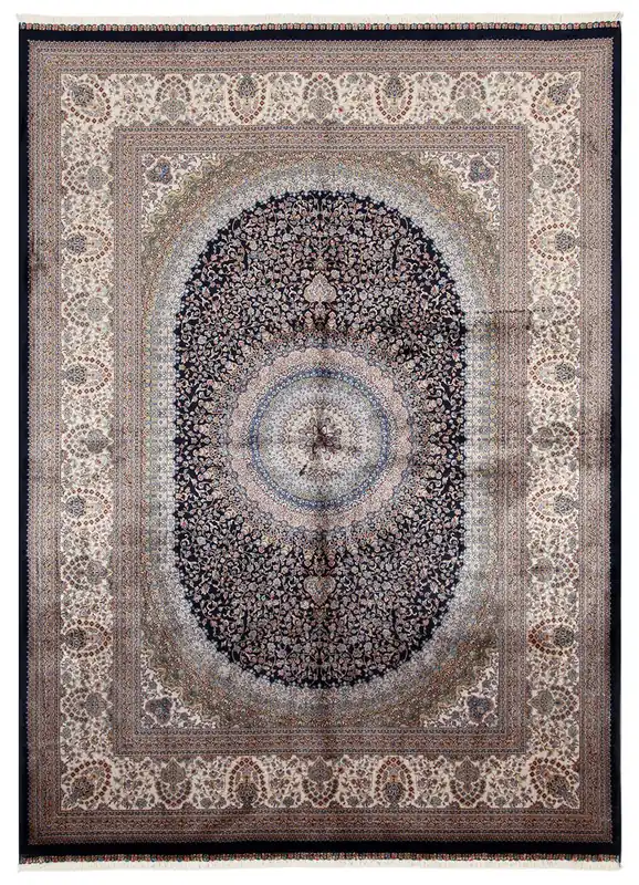 Tappeto Stile Orientale Qoum Shah - Effetto Seta - Disegno Classico - Blu Navy
