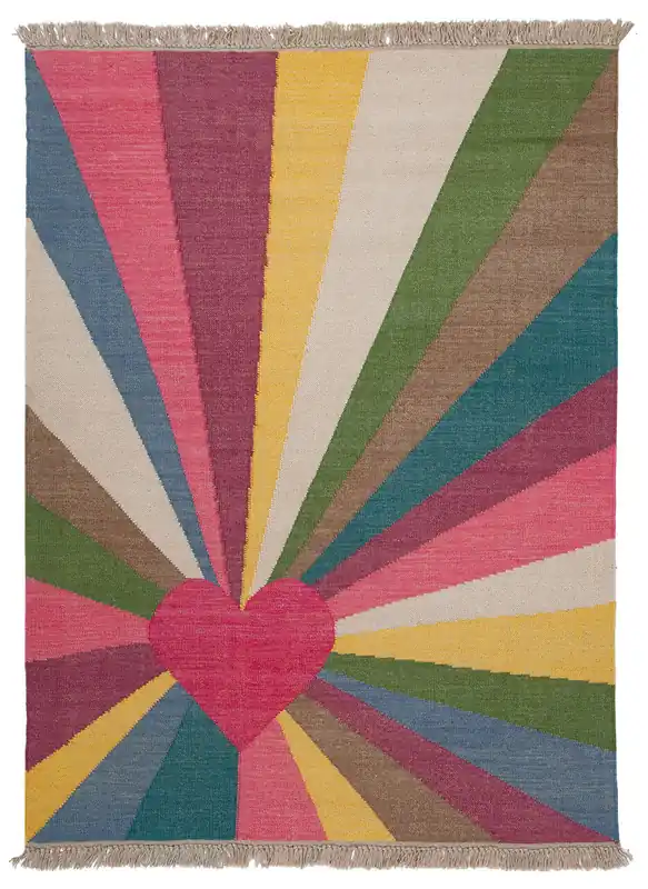 Tappeto Kilim Moderno Hippie in Lana Multicolore - Realizzato a Mano - Disegno Cuore