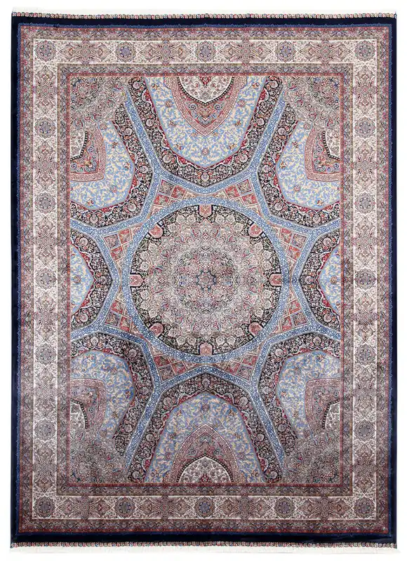 Tappeto Stile Orientale Qoum Shah 3 - Effetto Seta - Disegno Classico - Blu Navy