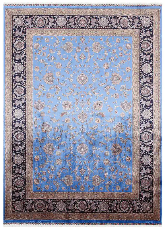 Tappeto Stile Orientale Qoum Shah - Effetto Seta - Disegno Classico - Blu