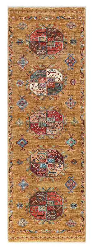 Afghan wool runner rug yellow, handmade 265x84cm