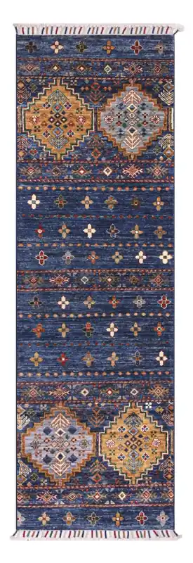 Tappeto passatoia Afghan blu in lana, fatto a mano 189x66cm