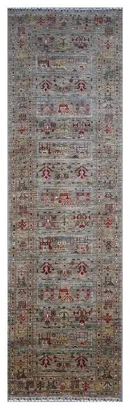 Tappeto passatoia Afghan grigio in lana, fatto a mano 302x81cm