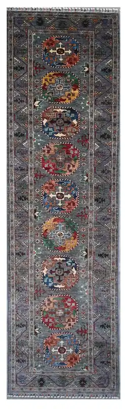 Tappeto passatoia Afghan grigio in lana, fatto a mano 301x84cm