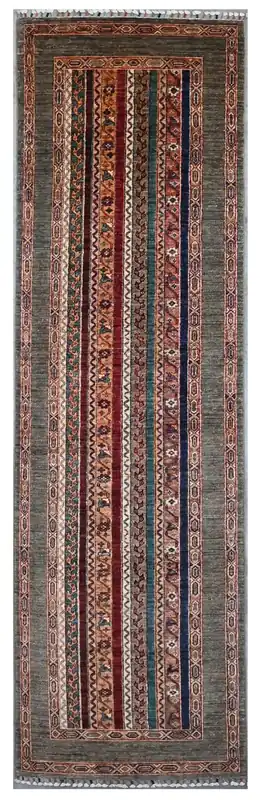 Tappeto passatoia Afghan grigio in lana, fatto a mano 306x76cm