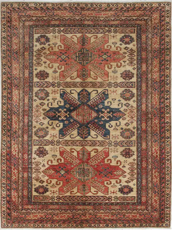 Tappeto Kazak Classico, Beige, Rosso, stile caucasico, fatto a mano, 238x175cm