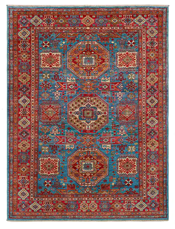 Tappeto Kazak Classico, Blu e Rosso, fatto a mano, 204x154cm