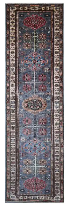 Classic Kazak runner rug, Blue, handmade, 305x80cm