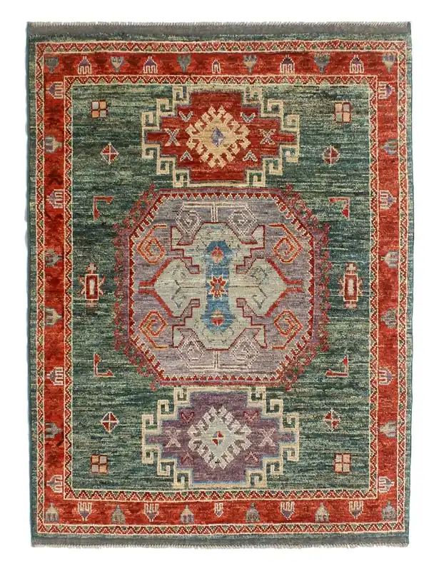 Tappeto Kazak Classico, Verde, fatto a mano, 196x148cm