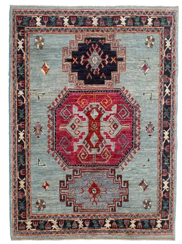 Tappeto Kazak Classico, Blu chiaro, fatto a mano, 230x178cm