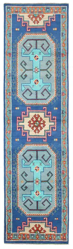 Tappeto Passatoia Kazak Classico, Blu, fatto a mano, 307x82cm