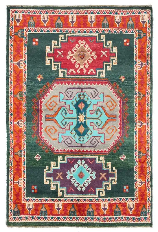 Tappeto Kazak Classico, Verde e Arancione, fatto a mano, 184x123cm