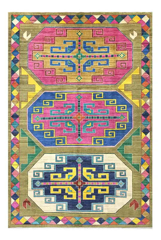 Tappeto Kazak Classico, Verde, fatto a mano, 290x201cm