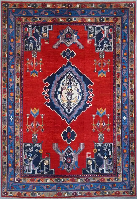 Tappeto Kazak Classico, Blu e Rosso, fatto a mano, 247x166cm