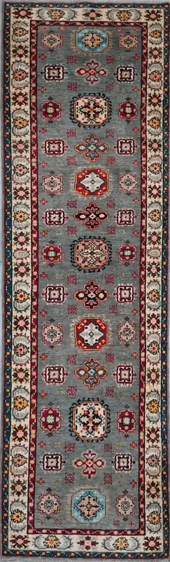 Tappeto Passatoia Kazak Classico, Multicolore, fatto a mano, 303x80cm