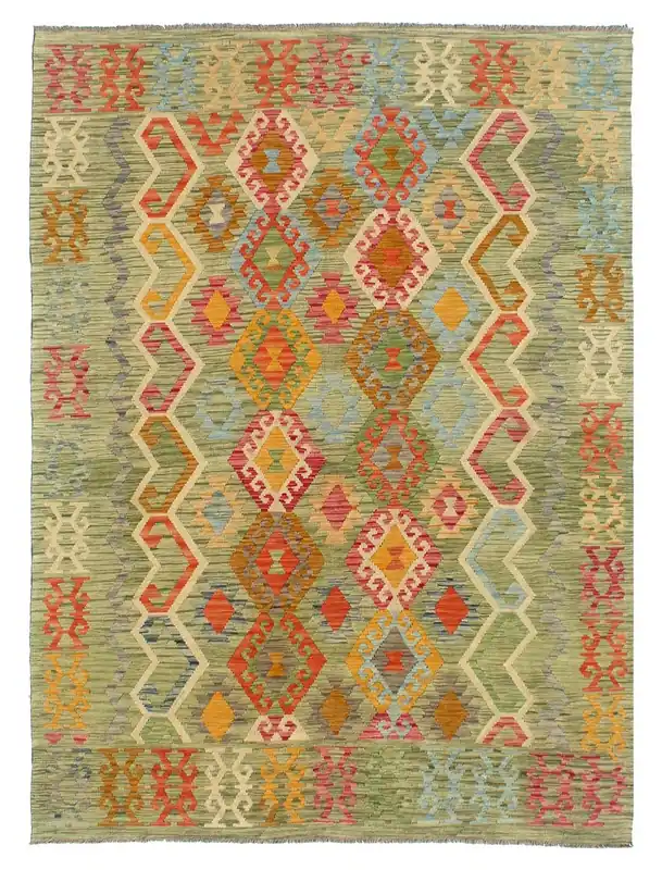 Handmade Afghan Kilim Green Wool Rug 288_207 cm
