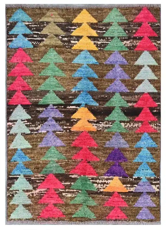 Tappeto tribale colorato in lana, fatto a mano, 112x76 cm