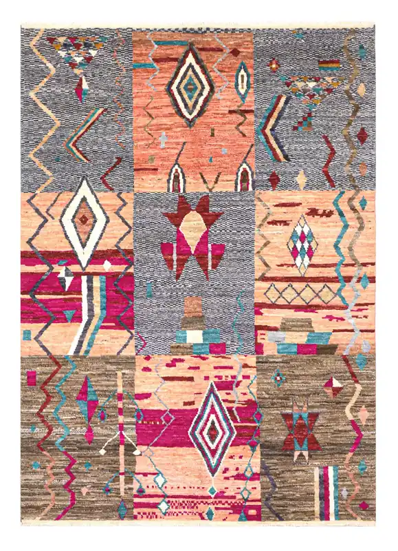 Tappeto tribale colorato in lana stile patchwork, fatto a mano, 285x203 cm
