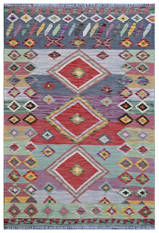 Taimany - Kilim Tribale in Lana Multicolore - Tappeto Fatto a Mano 149x100cm