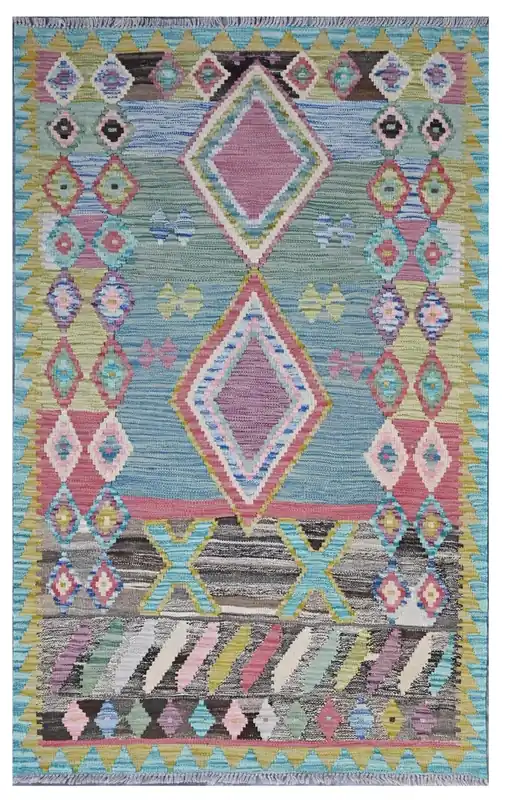 Taimany - Kilim Tribale in Lana Multicolore - Tappeto Fatto a Mano 163x100cm