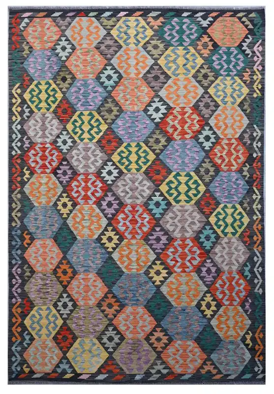 Taimany - Tappeto Tribale in Lana Multicolore - Fatto a Mano 202x139cm