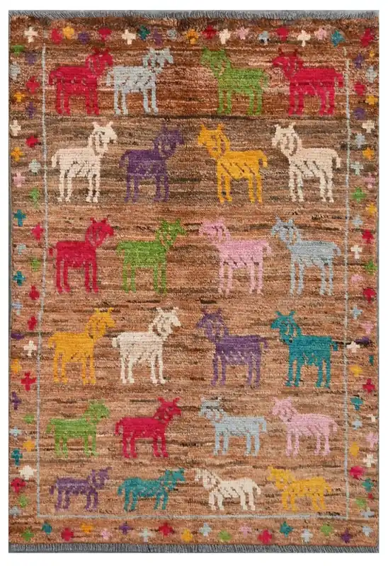Taimany - Tappeto Tribale in Lana Multicolore - Fatto a Mano 101x83cm